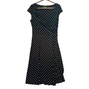 Ralph Lauren Women’s Faux Wrap Dress Polka Dot Cap Sleeve Black V-neck Size 10